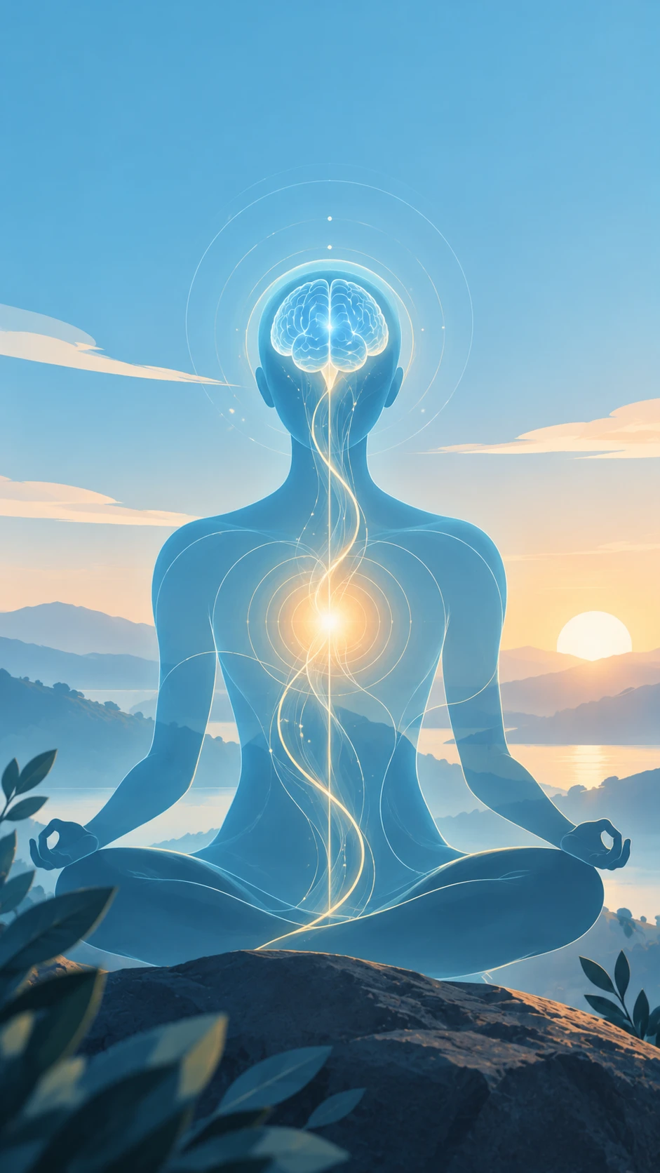 Persona sentada en meditación frente al amanecer, con un cerebro iluminado y una línea de luz que recorre el cuerpo